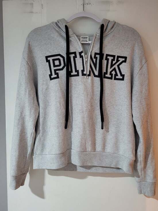 PINK Victoria's Secret Tops - Victoria's Secret PINK Gray Heather Quarter-Zip Graphic Pullover Hoodie XS